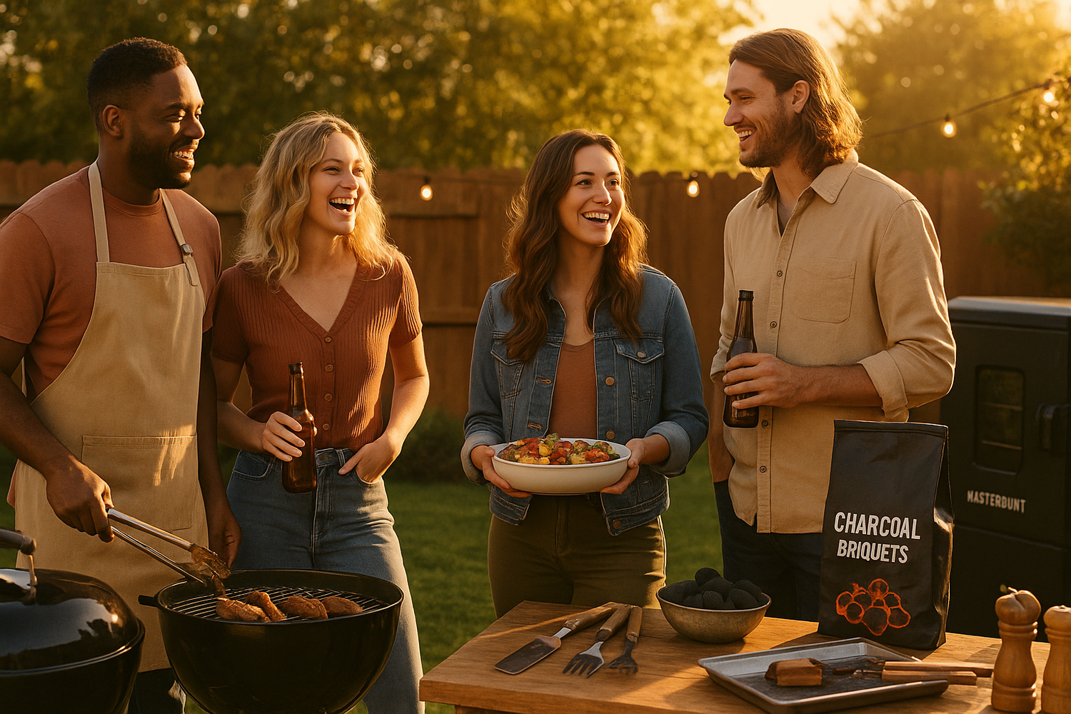 “Wide banner image of friends enjoying a backyard BBQ, Weber and Masterbuilt grills in the background, charcoal and BBQ tools on a wooden table, warm sunset lighting, lifestyle branding photography.”
